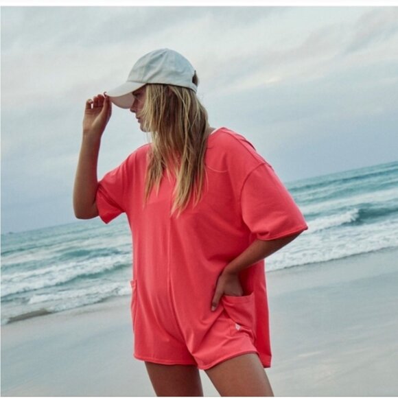 Free People Hot Shot Tee Romper in Electric Sunset - Neon Pink - Picture 2 of 8